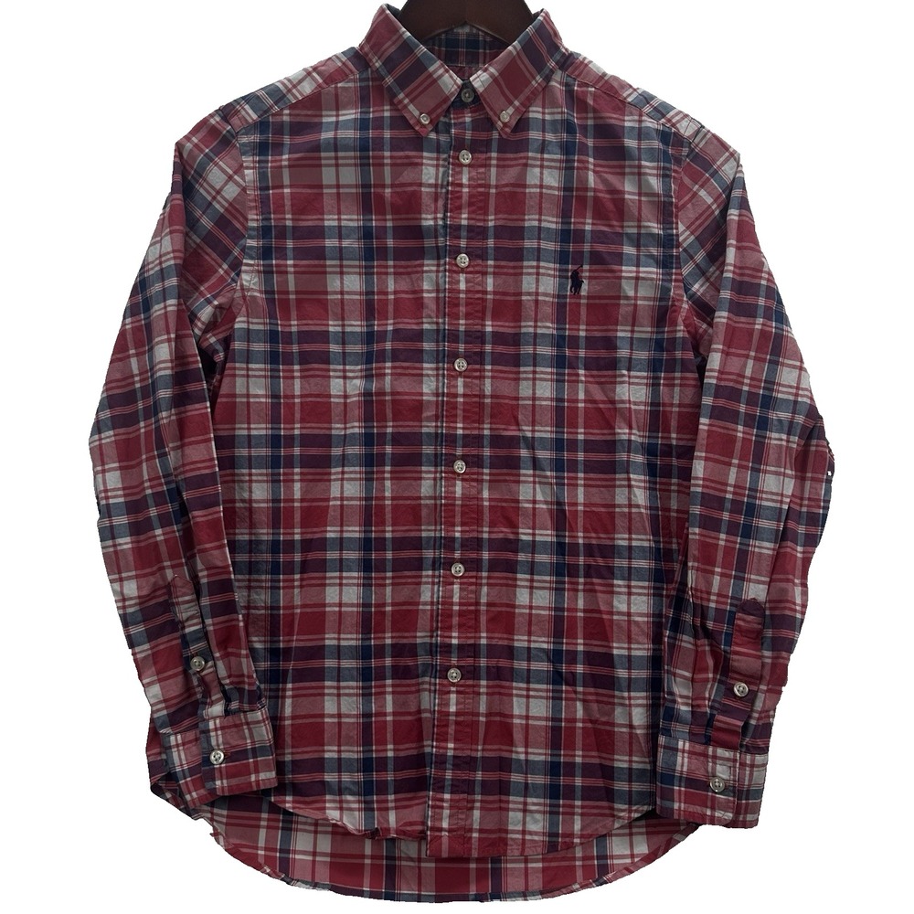 Ralph Lauren Shirt Youth Boy Large (14-16) Cotton Long Sleeve Pink Blue Plaid